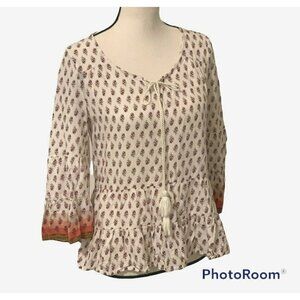 Mudd Women Ruffle Peplum Top Pheasant Blouse Size S 3/4 Bell Sleeve Ruffle Hem